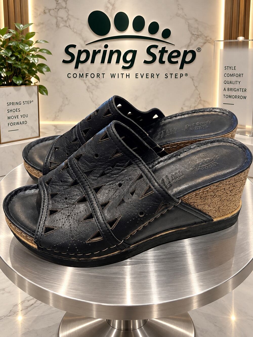 Spring Step Black Leather Cutout Wedge Slide Sandals EU 38 US 7.5-8